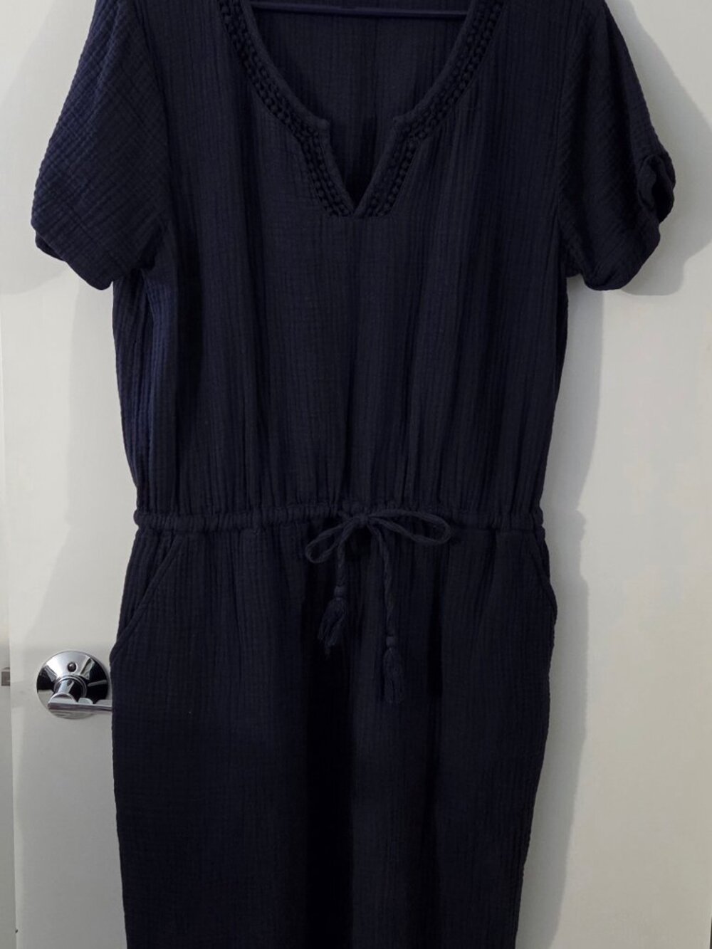 Talbots Navy Blue Gauze Dress with Tie Waist and Open-Work Neckline - Size L
